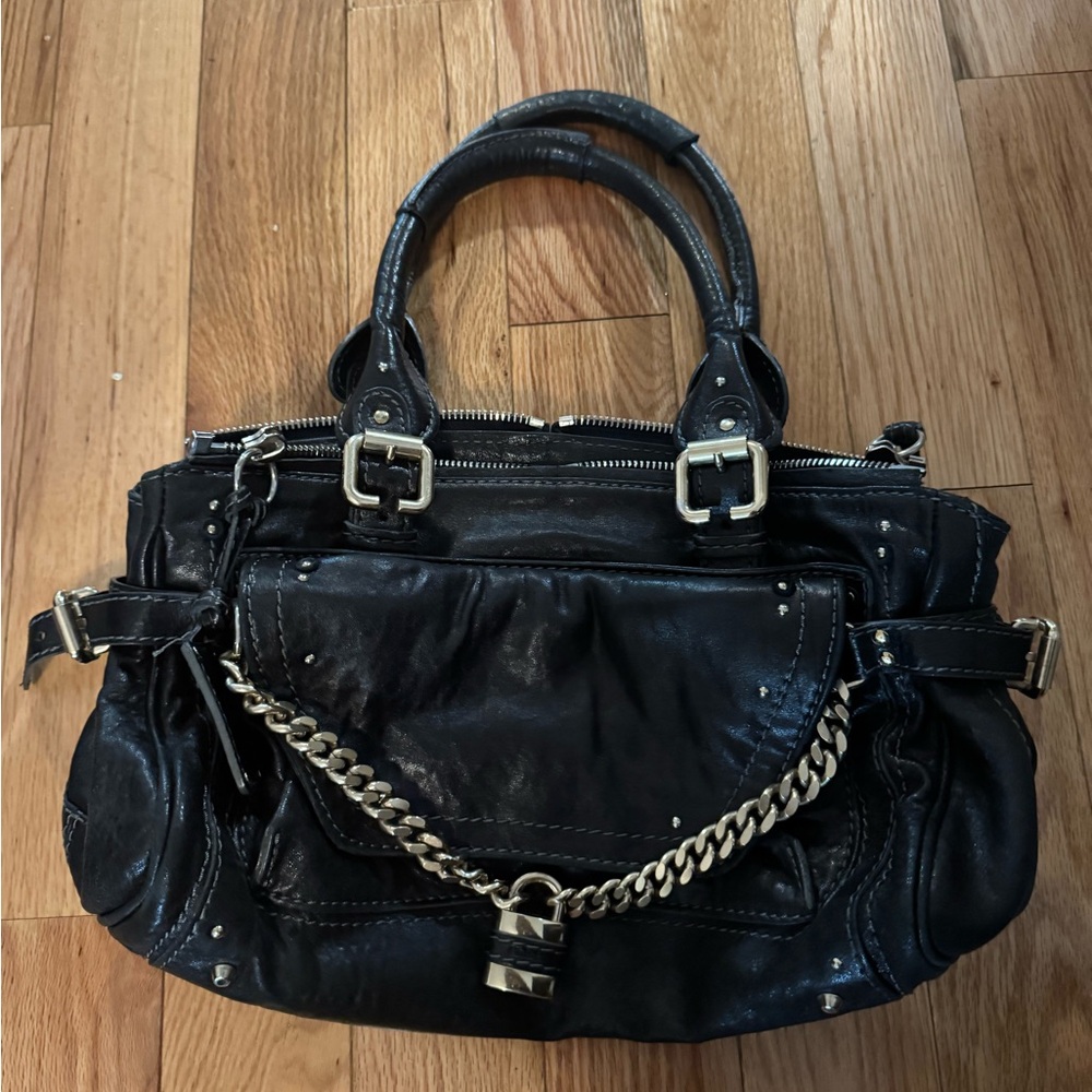 Chloe Black Leather Satchel with Chain Detail